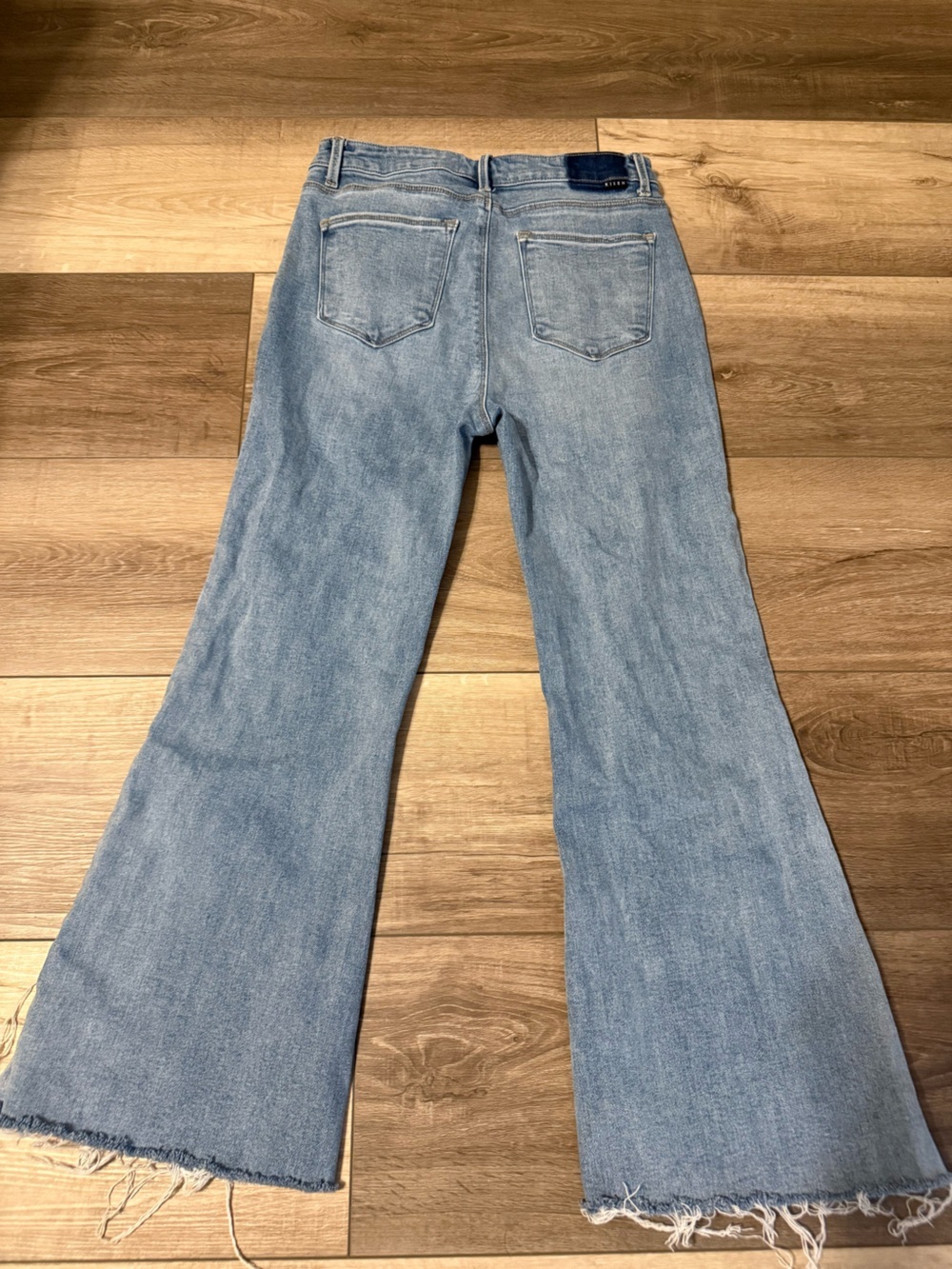 Risen Jeans- Light Blue High-Rise Flare Jeans with Raw Hem - Picture 3 of 7